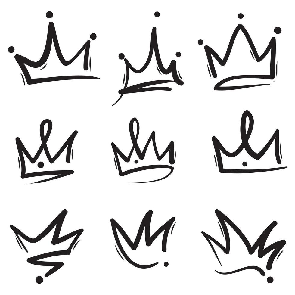 tekening kronen. lijn kunst koning of koningin kroon schetsen, kerel gekroond hoofden tiara, mooi diadeem en luxueus stickers vector illustratie set. Koninklijk hoofd accessoires lineair verzameling