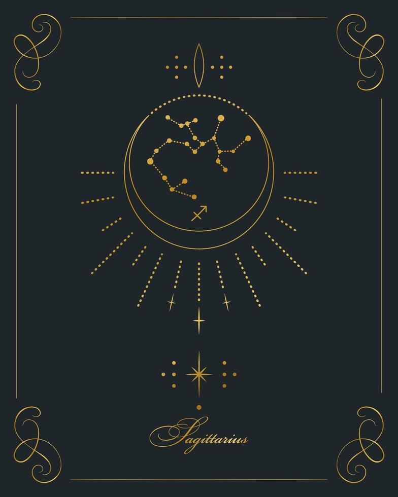 magie astrologie poster met sterrenbeeld boogschutter, tarot kaart. gouden ontwerp Aan een zwart achtergrond. verticaal illustratie, vector