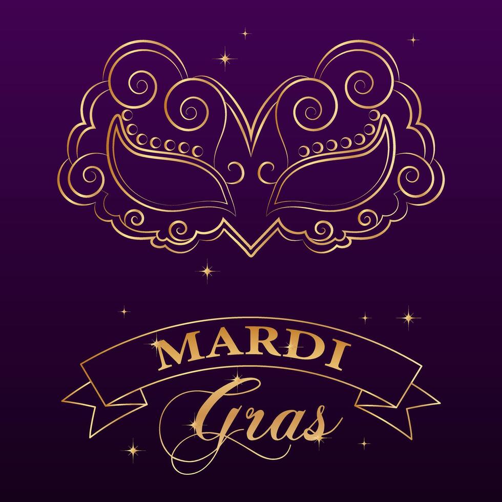 mardi gras banier, gouden luxe carnaval masker en tekst Aan ster achtergrond. poster, folder, vector