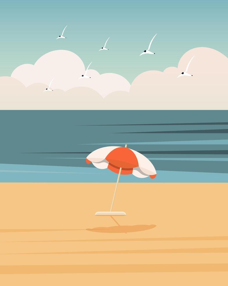 zeegezicht, kleurrijk parasol Aan de zee strand. zomer illustratie, vector