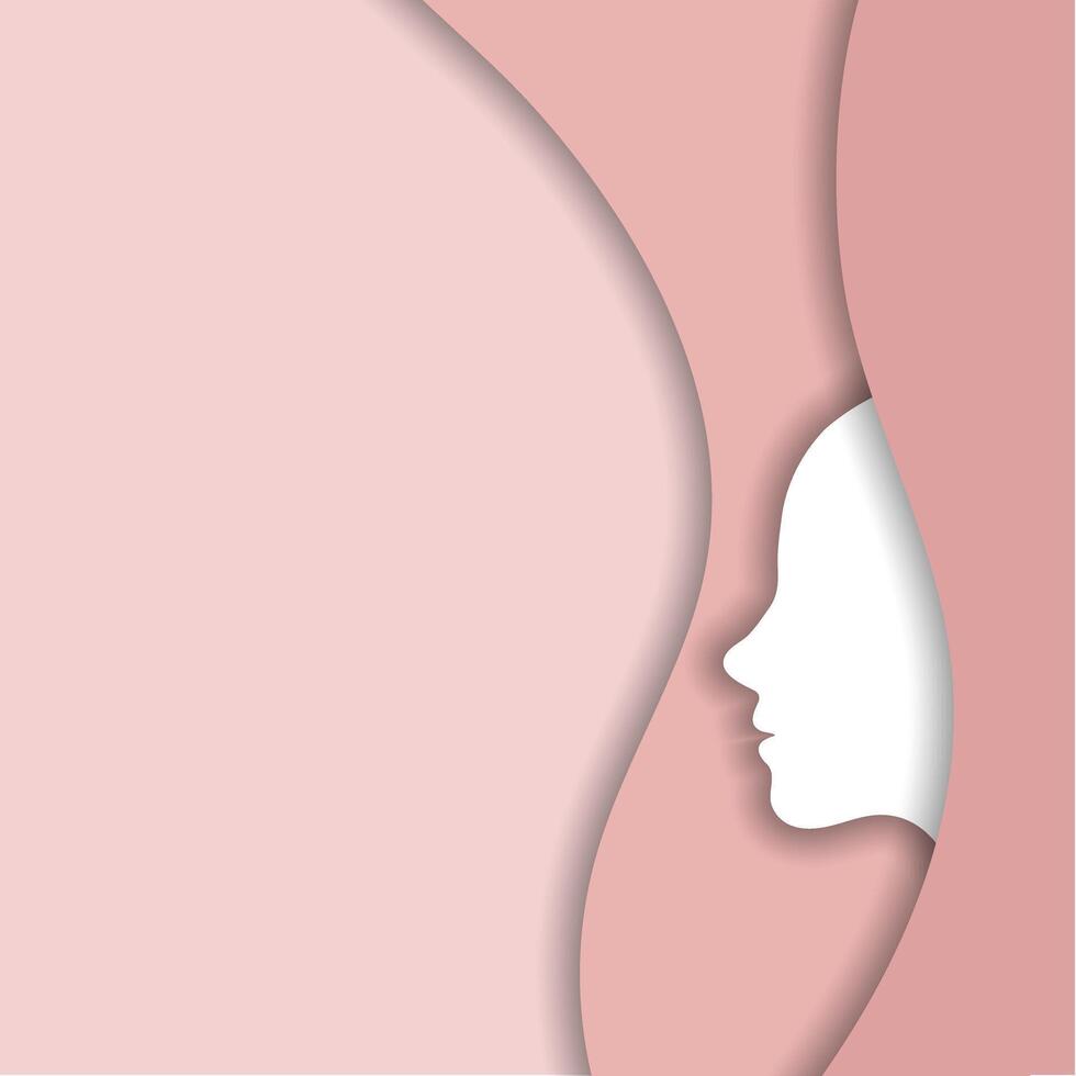 groet kaart sjabloon voor vrouwen dag maart 8e. vrouw profiel silhouetten met schaduw, besnoeiing papier effect. roze pastel tinten. vector