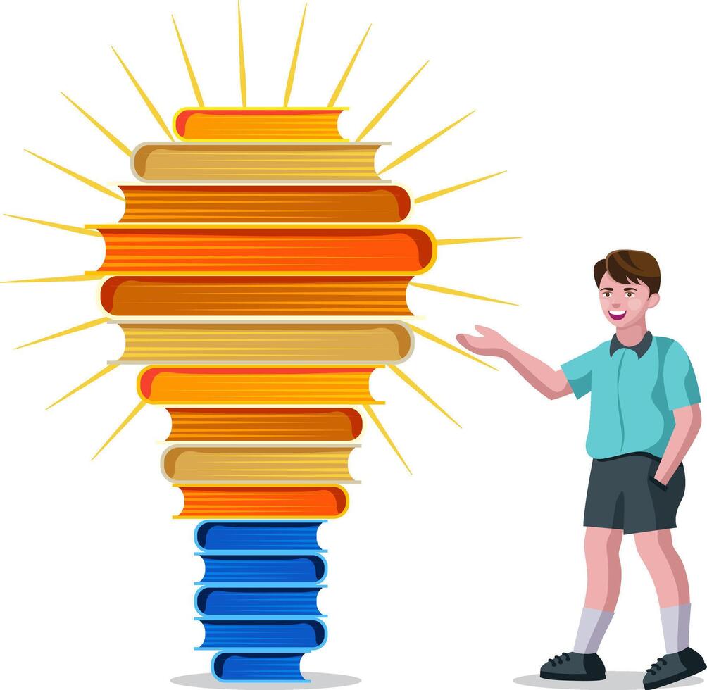 onderwijs concept, lamp vormig boeken en jongen vector illustratie