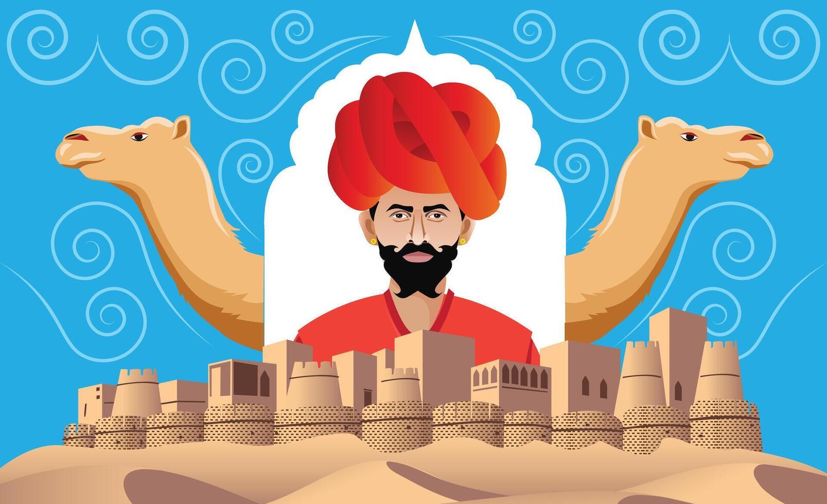 Rajasthan fort met cultureel Mens en kameel collage ontwerp met decoratief element vector