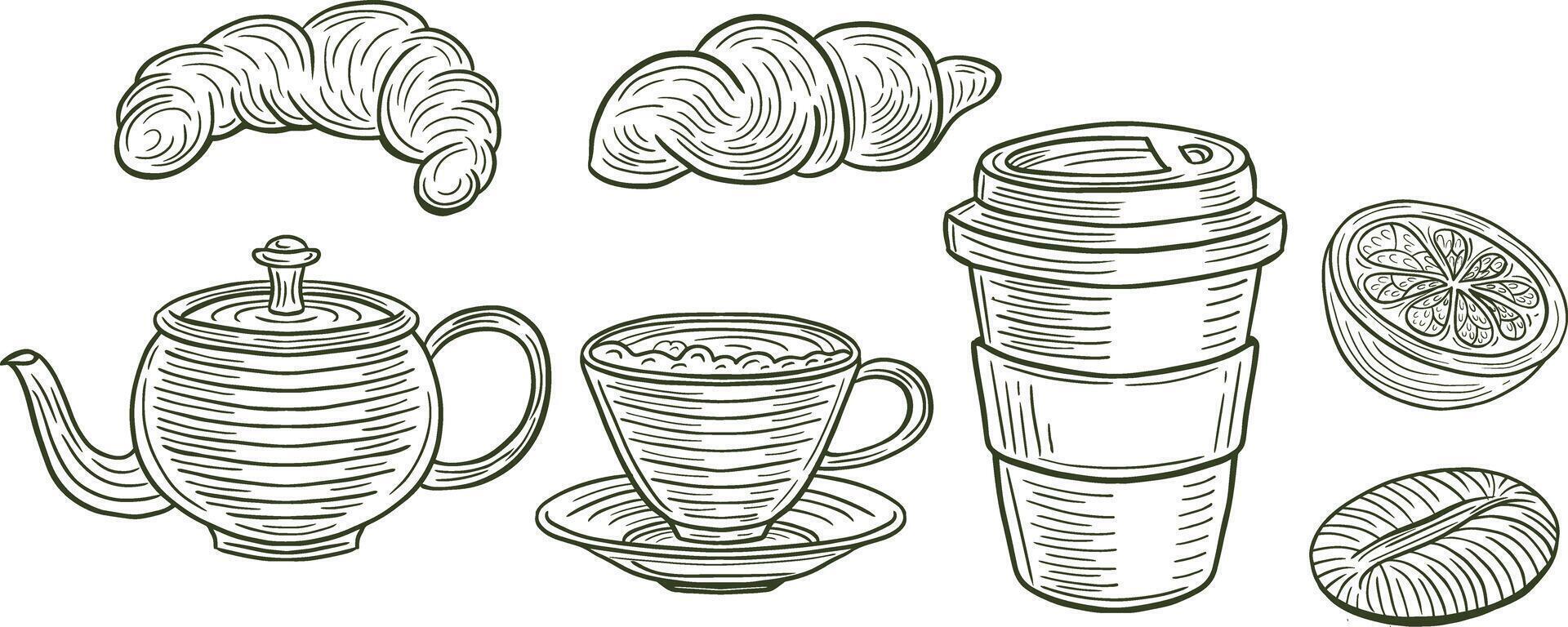 hand- getrokken thee, croissant en koffie vector