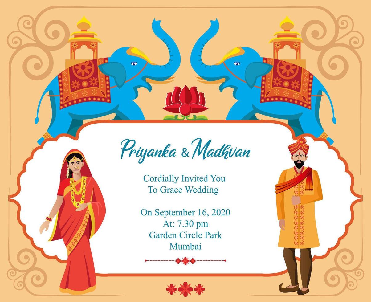 Indisch bruiloft kaart uitnodiging ontwerp sjabloon met decoratief olifant vector