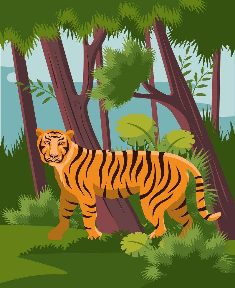 Bengalen tijger in oerwoud vector