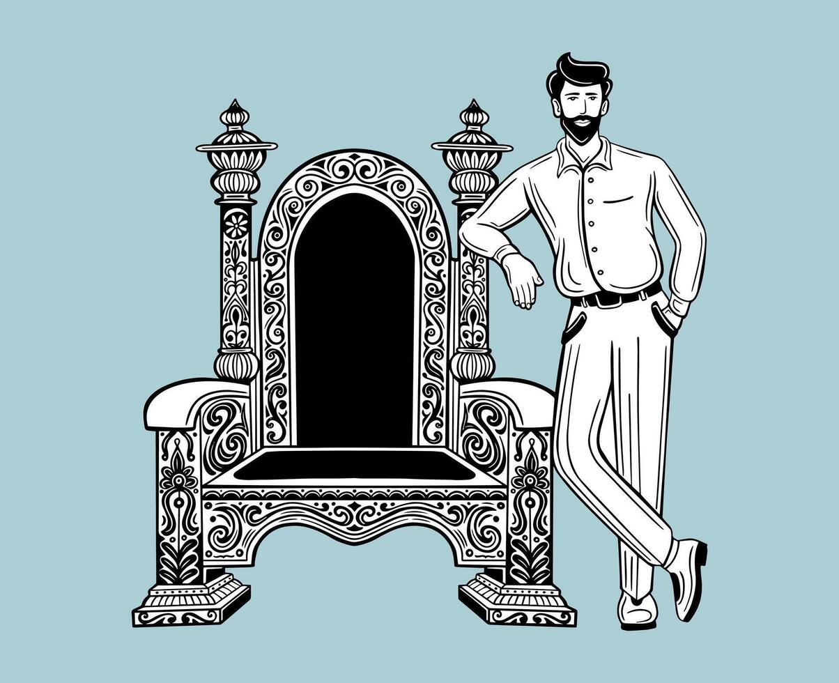 zelfverzekerd, geslaagd Mens staand met troon stoel hand- getrokken vector illustratie
