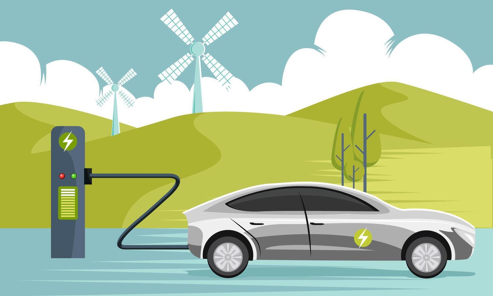 elektrisch opladen auto met windmolen in achtergrond vector illustratie