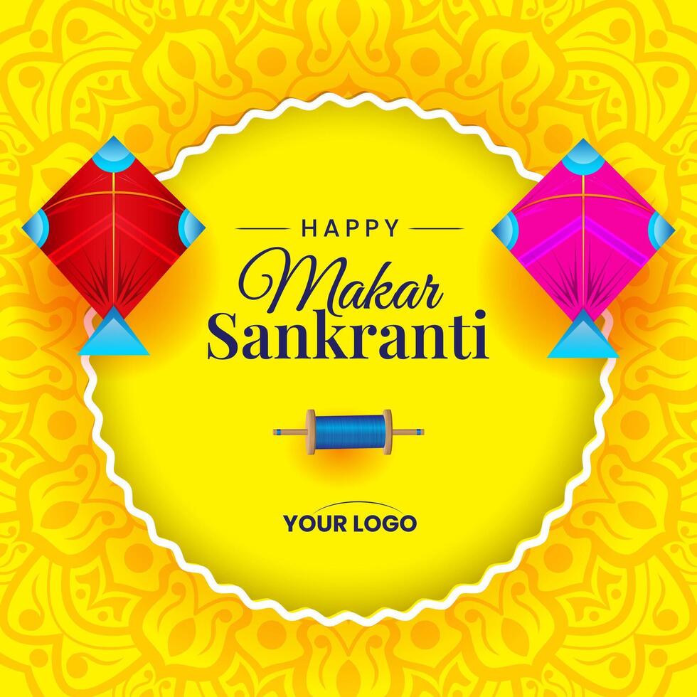 makar sankranti met vliegers geel mandala festival achtergrond vector