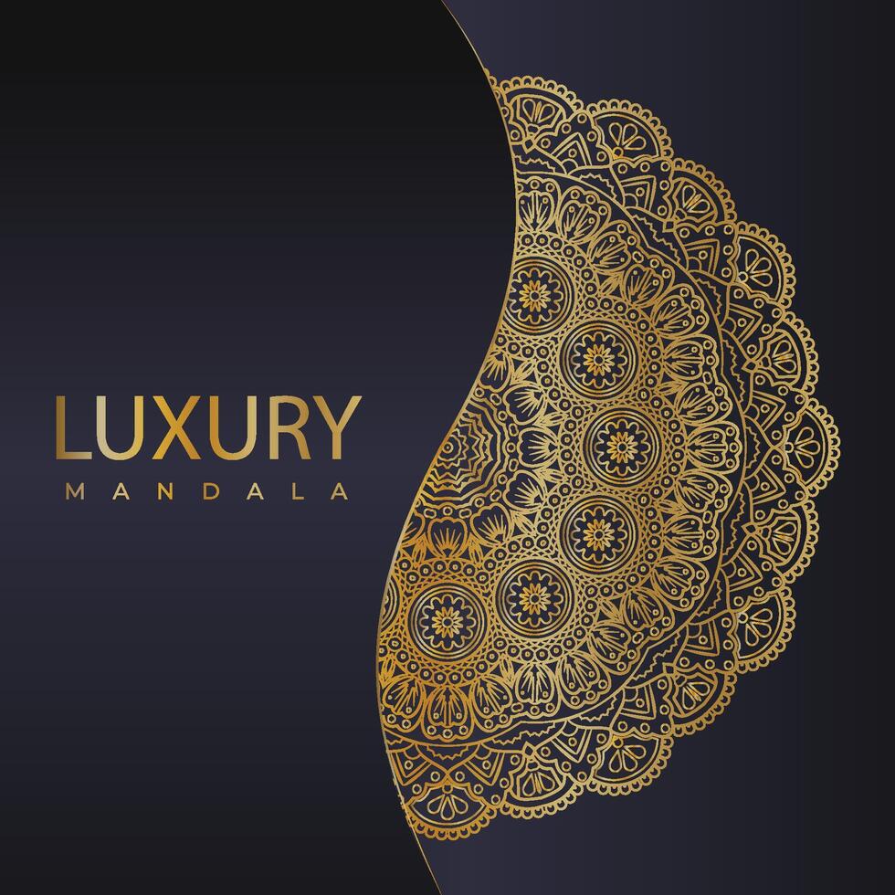 luxueus gouden mandala vector. mandala ornament Aan een donker blauw achtergrond. gouden patroon en decoratie mandala geschenk kaart. luxueus decoratie mandala patroon. luxueus mandala vector. vector