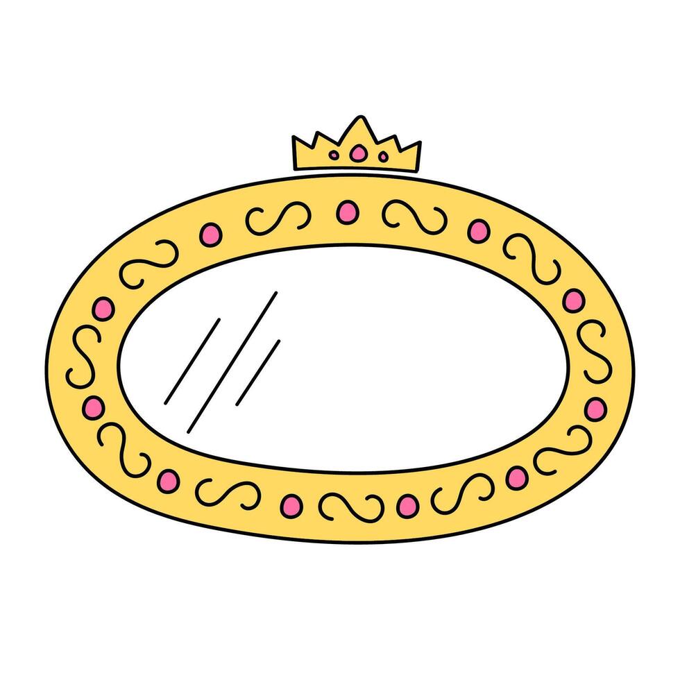 elegant gouden ovaal vector kader met kroon geïsoleerd Aan wit achtergrond. roze spiegel voor weinig prinses, mooi decoratief grens, hand- getrokken, tekening illustratie.