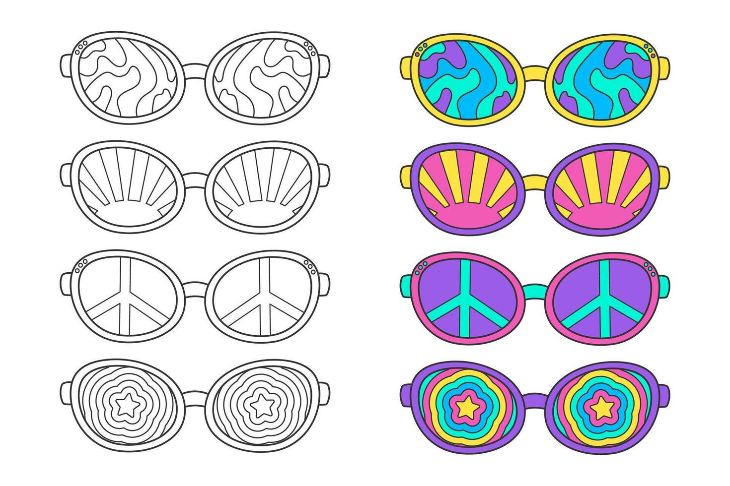 schattig kleur bladzijde, wijnoogst jaren 70 stijl zonnebril. veelkleurig neon en schets retro tekening elementen Aan een wit achtergrond, een gemakkelijk illustratie voor kinderen. afdrukken met strepen, zon, ster en vrede vector