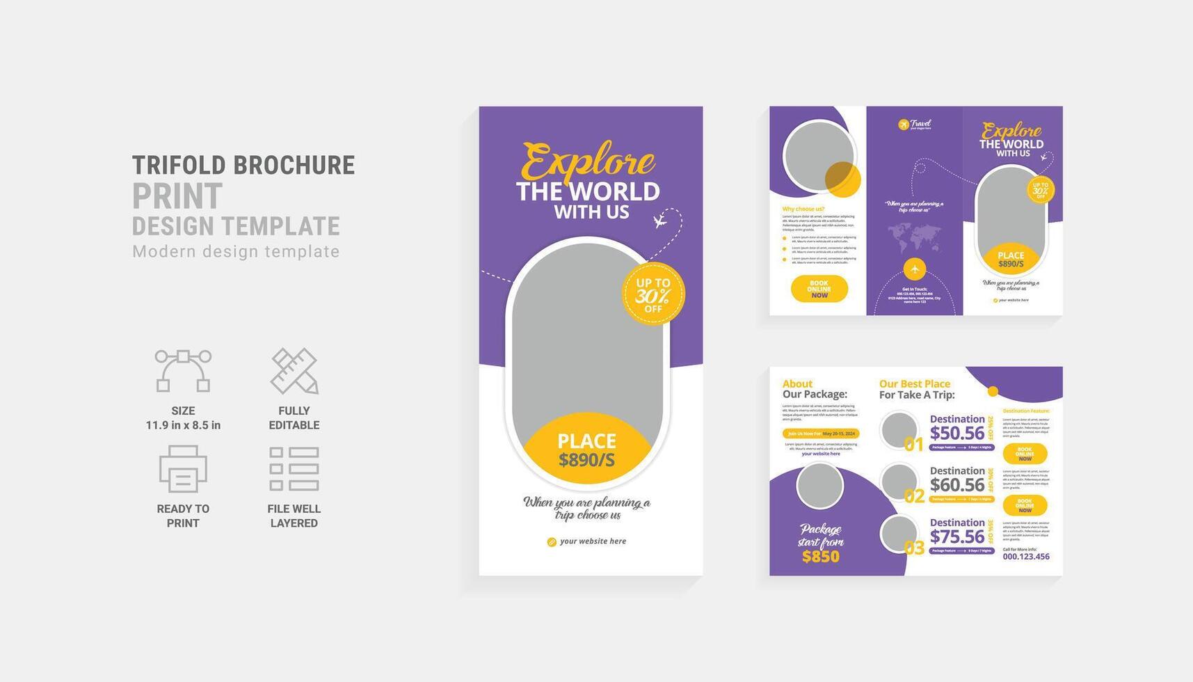 boeiend drievoud brochure ontwerpen voor uw reizen agentschap avonturen vector