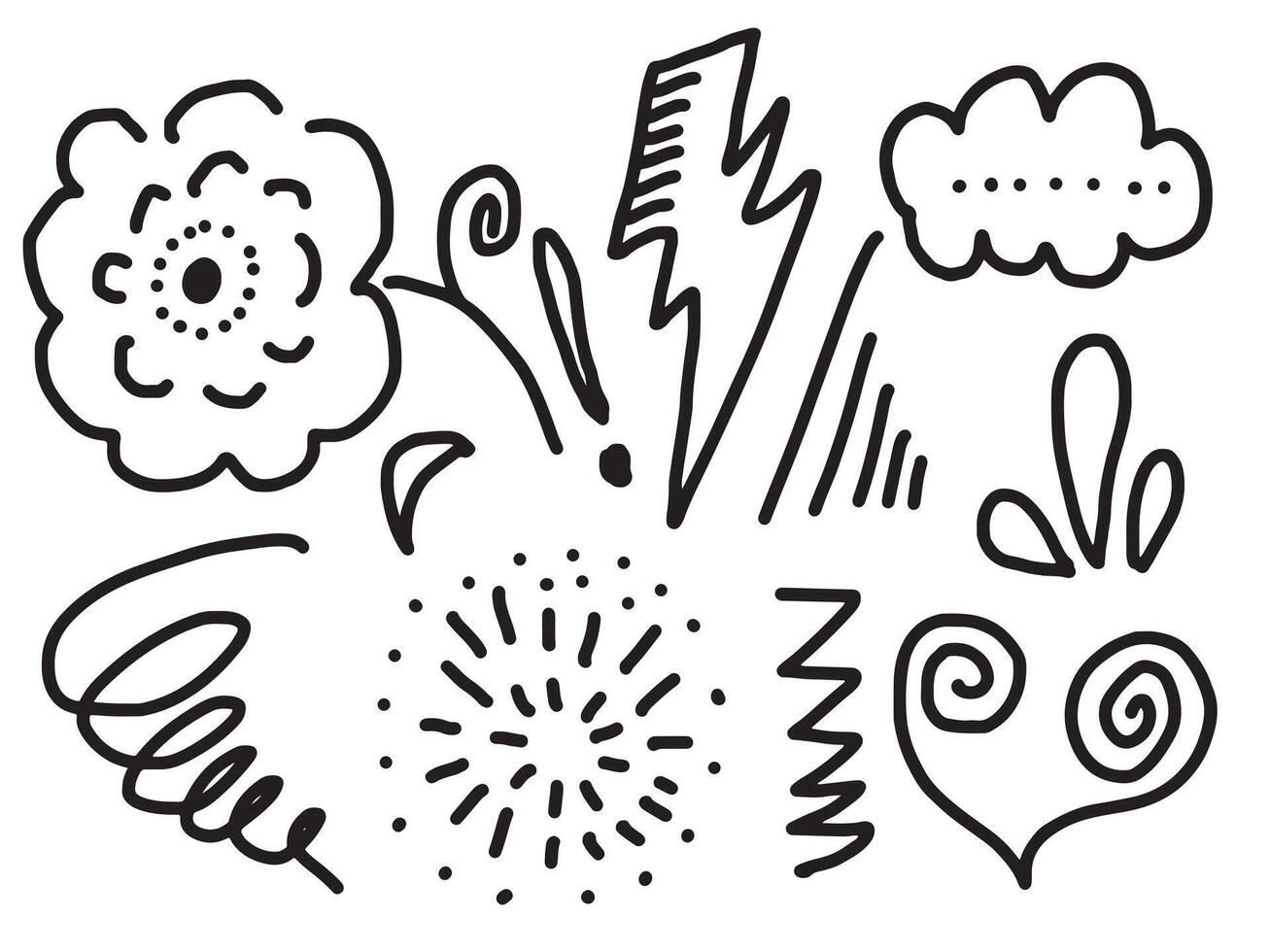 hand- getrokken bloem, hart, wolk, zonnestraal, blikseminslag voor concept ontwerp. vector