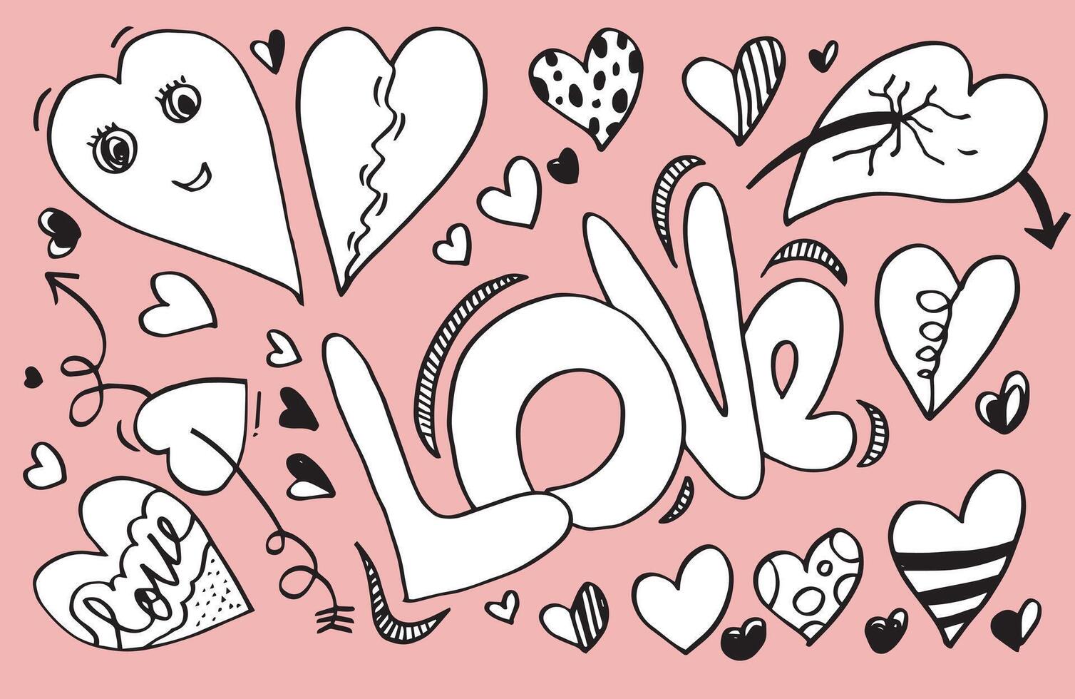 hand getrokken doodles instellen voor Valentijnsdag. verzameling van mooie harten en geschriften liefde op roze achtergrond. vectorillustratie. vector