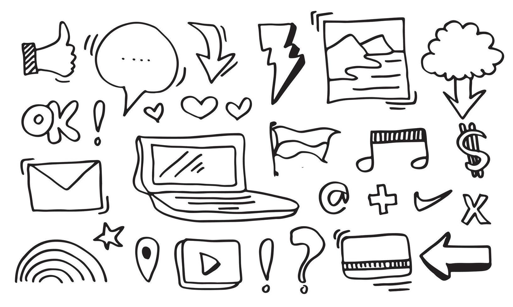 vector lijn kunst doodle cartoon set objecten en symbolen op het thema van de sociale media.