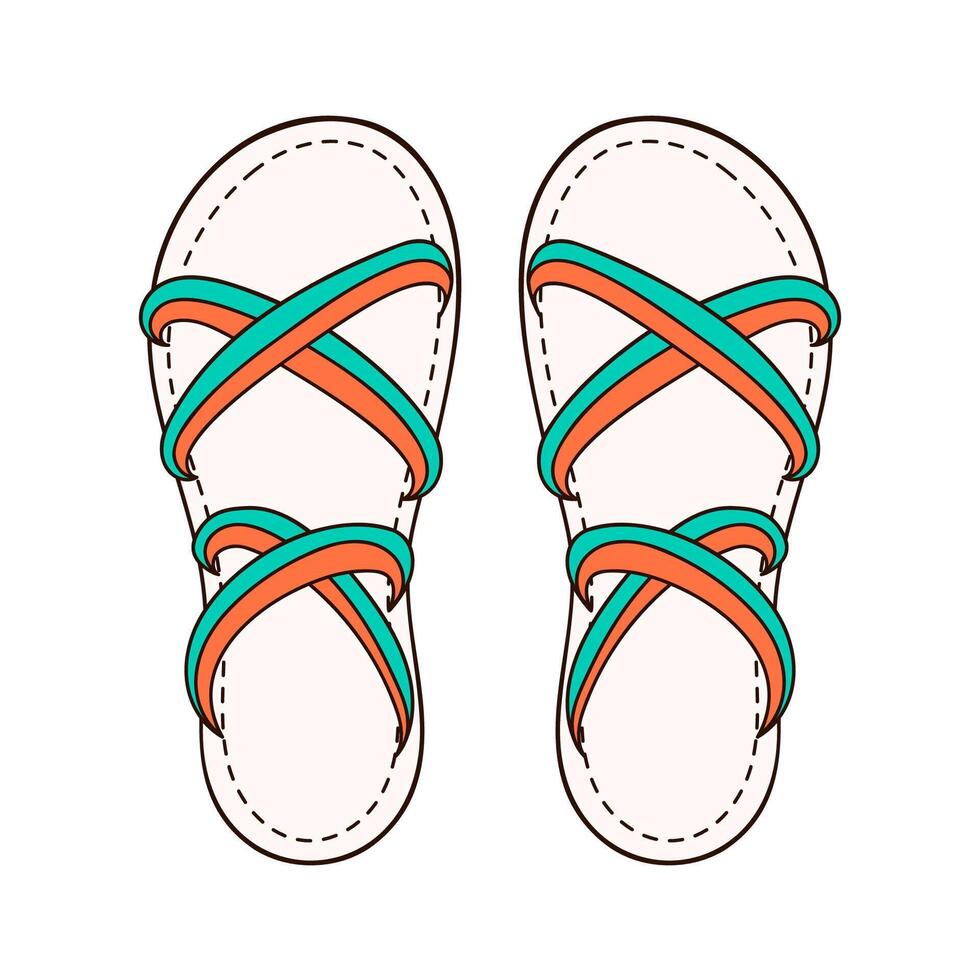 vrouw sandalen icoon in tekenfilm stijl. kaal voet groen en oranje slippers ontwerp voor schoenen op te slaan. vector illustratie geïsoleerd Aan een wit achtergrond.