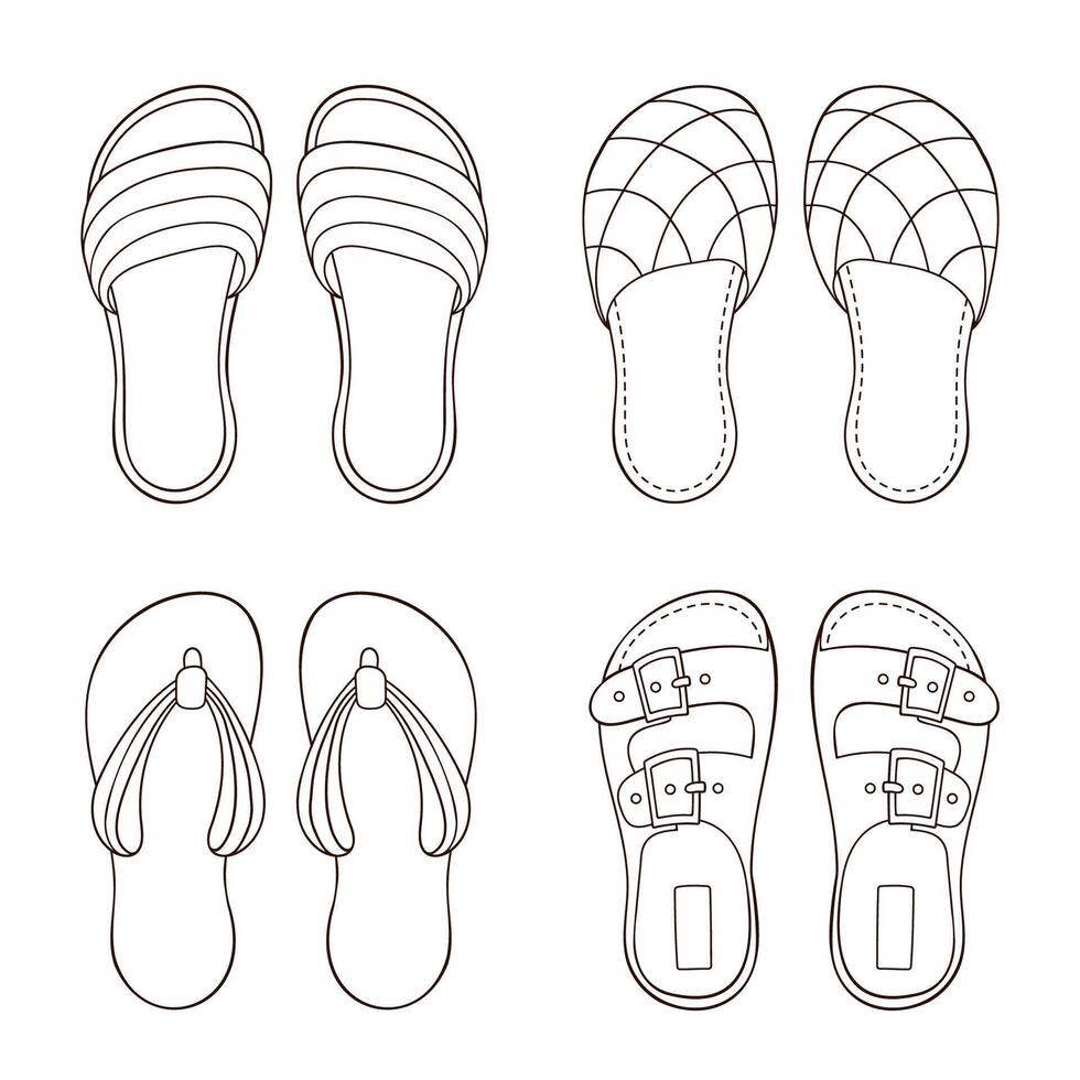 mannelijk, mannen schoenen voor zomer en huis in lijn kunst stijl. hand- getrokken, schetsen gewoontjes schoenen. vector illustratie geïsoleerd Aan een wit achtergrond.