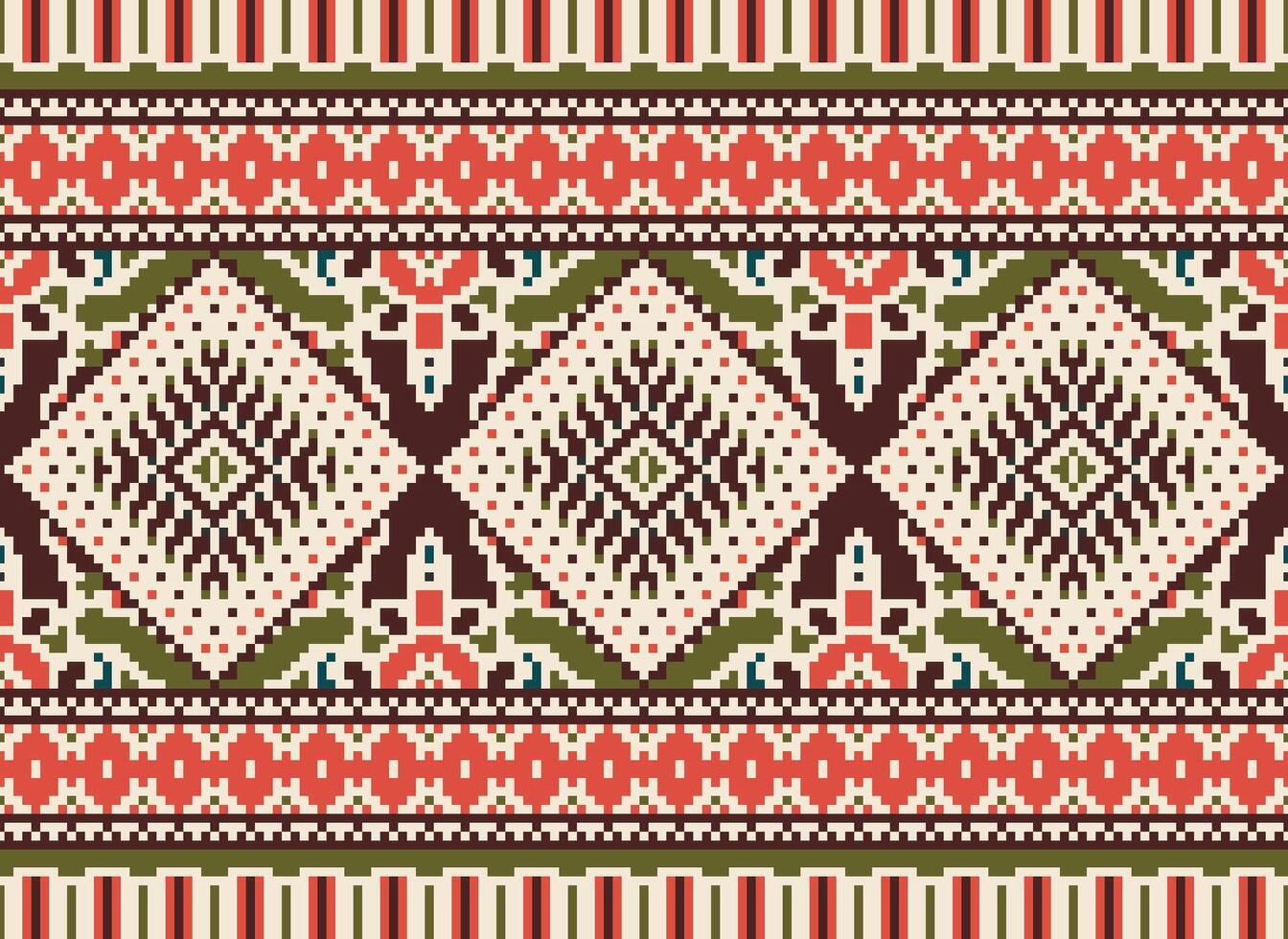 pixel kruis steek traditioneel etnisch patroon paisley bloem ikat achtergrond abstract aztec Afrikaanse Indonesisch Indisch naadloos patroon voor kleding stof afdrukken kleding jurk tapijt gordijnen en sarong vector