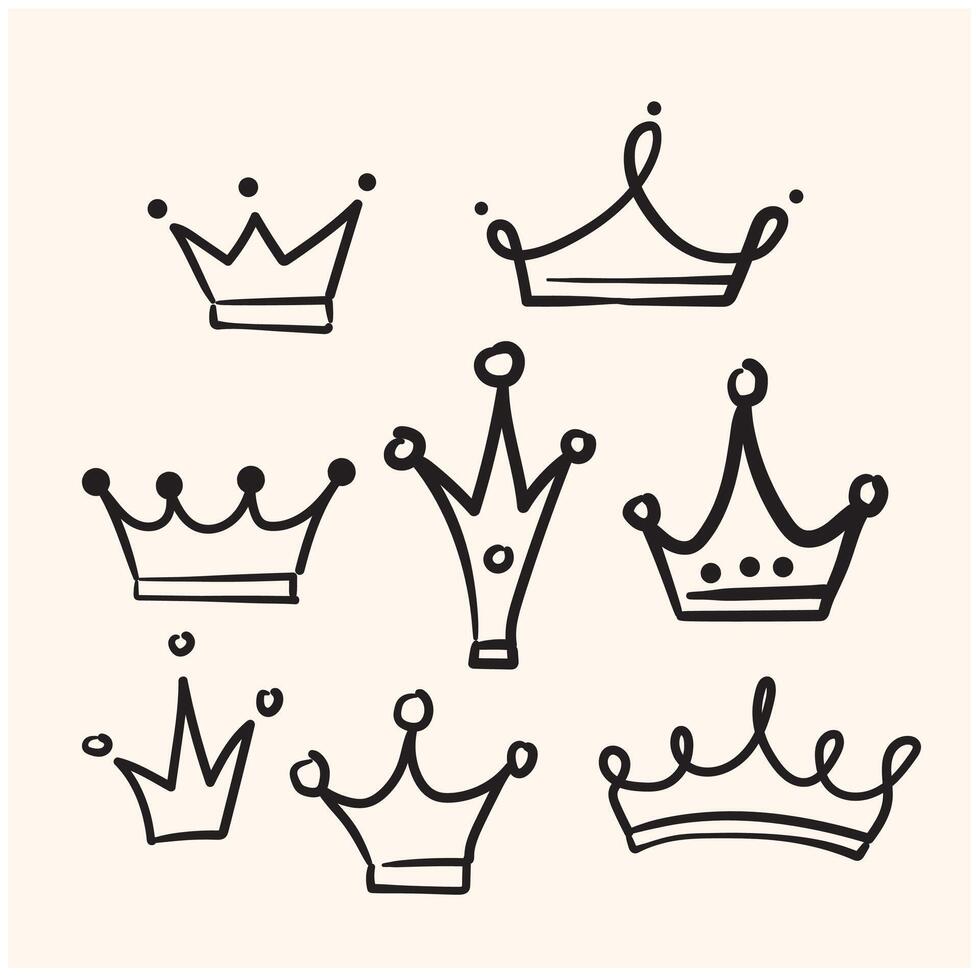 tekening kroon hand- getrokken set. tekening prinses kroon, koningin tiara. lijn schetsen Koninklijk element met illustratie stijl tekening en lijn kunst vector