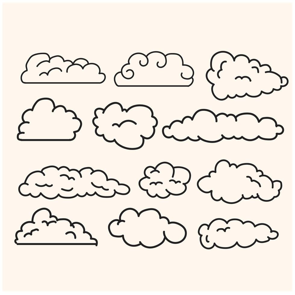 reeks van hand- getrokken wolken met illustratie styke diidke en lijn kunst vector