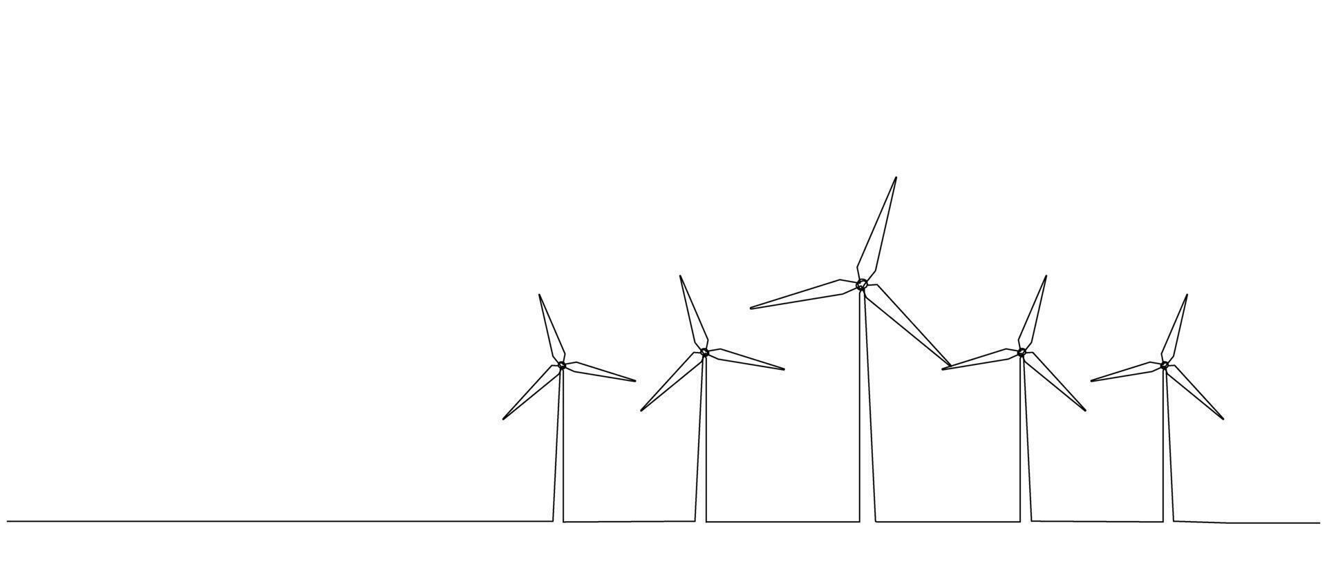 eco-energie, energie van windmolens, wind macht fabriek. gebouw omhoog ecologisch energie, toenemend milieu vriendelijkheid concept in gemakkelijk lineair stijl van een lijn. vector