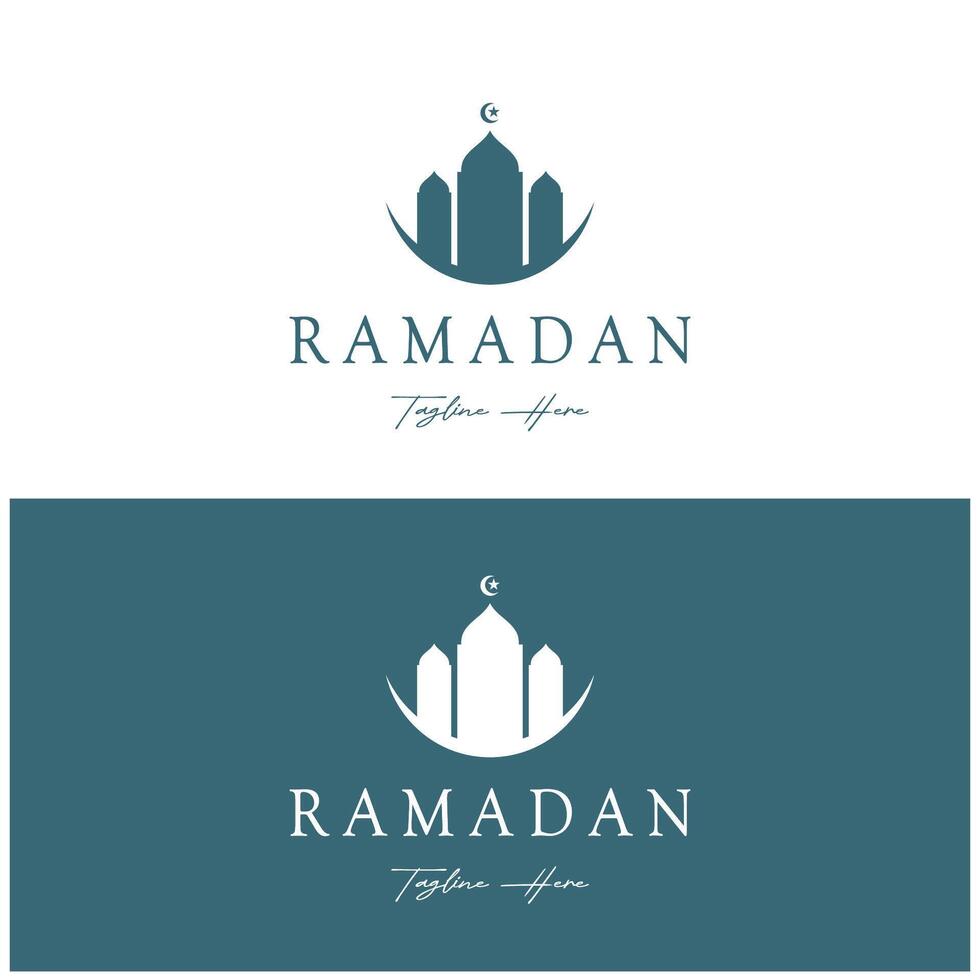 Ramadan mubarak logo met lantaarn elementen, halve maan maan en ster moskee gebouw, Islamitisch schoonschrift patroon, voor bedrijf, architectuur, moslims, eid, eid kaarten, Islamitisch onderwijs vector