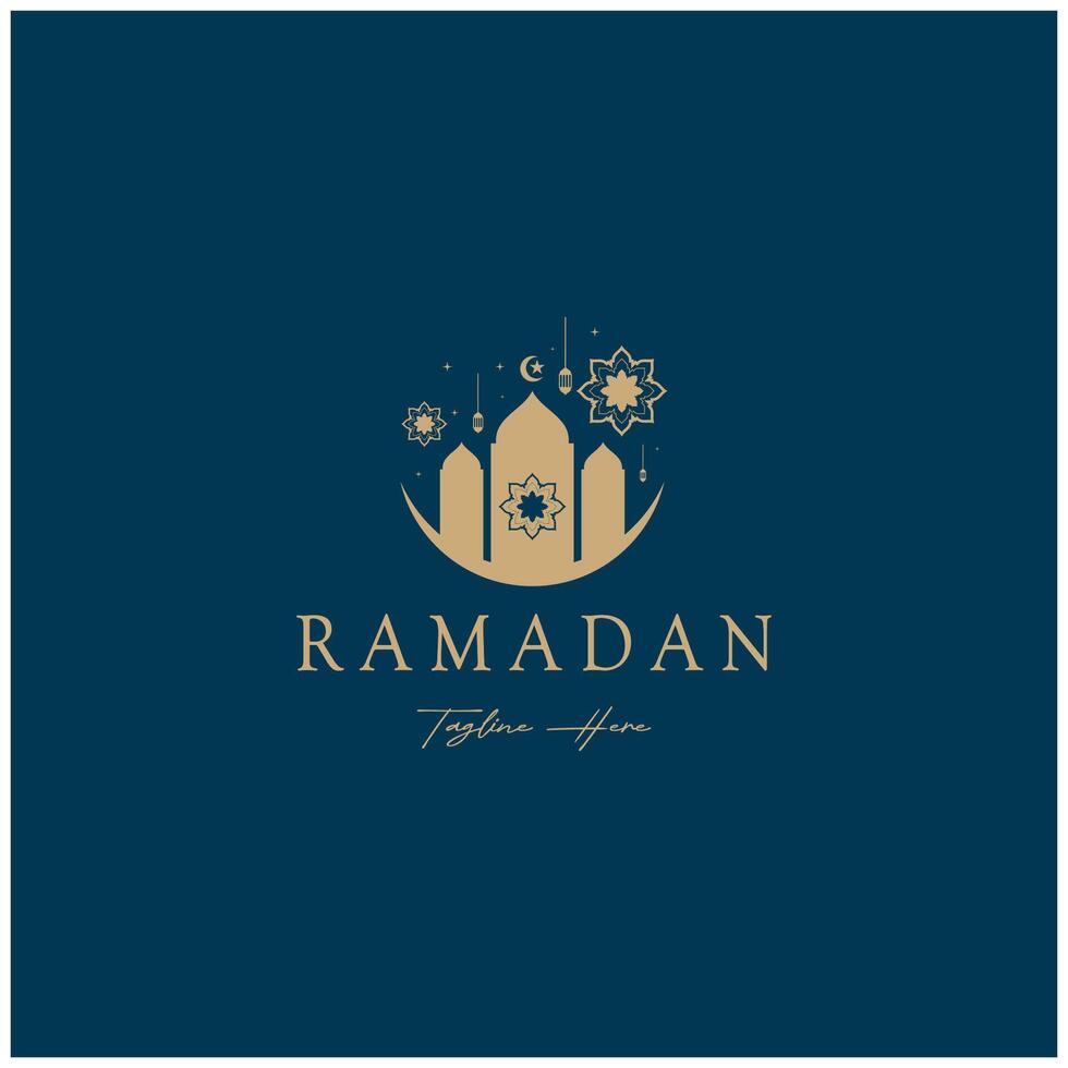 Ramadan mubarak logo met lantaarn elementen, halve maan maan en ster moskee gebouw, Islamitisch schoonschrift patroon, voor bedrijf, architectuur, moslims, eid, eid kaarten, Islamitisch onderwijs vector