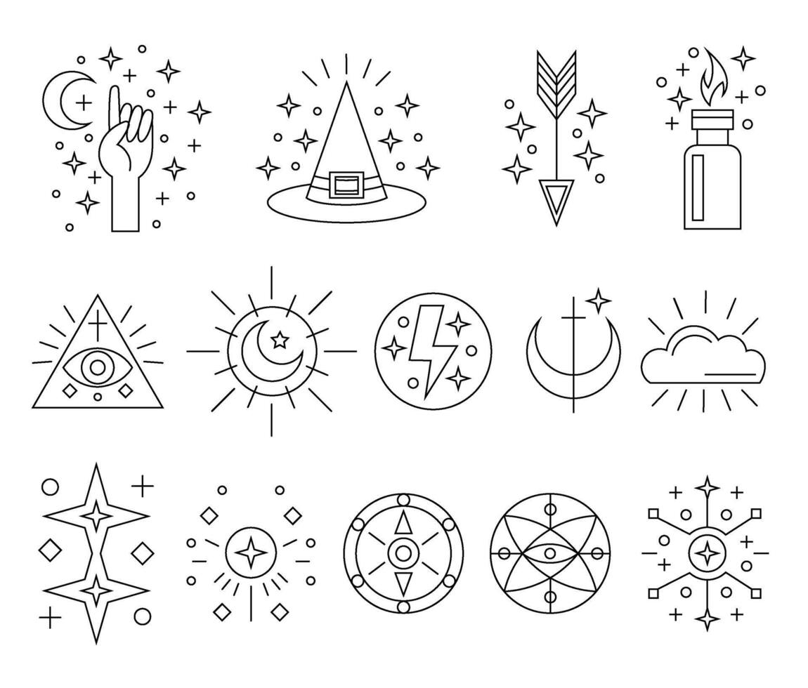 groot reeks van tekening pictogrammen. magie pictogrammen. divers decoratief lineair tekens. vector