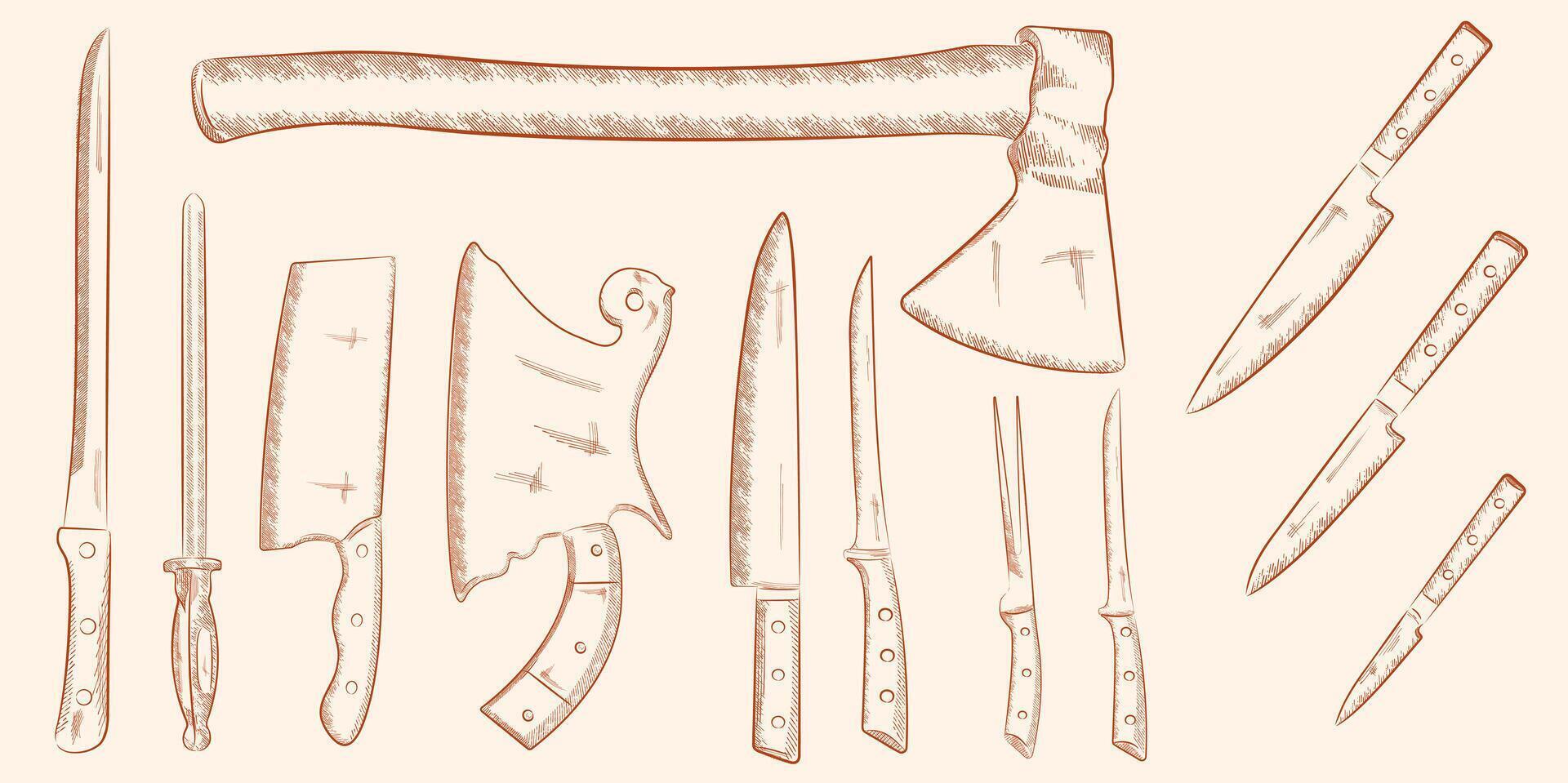 hand- getrokken schetsen stijl messen set. santoku, steak, groot hakmes en chef-kok messen. het beste voor restaurant menu, keuken en voedsel ontwerpen. vector illustraties.