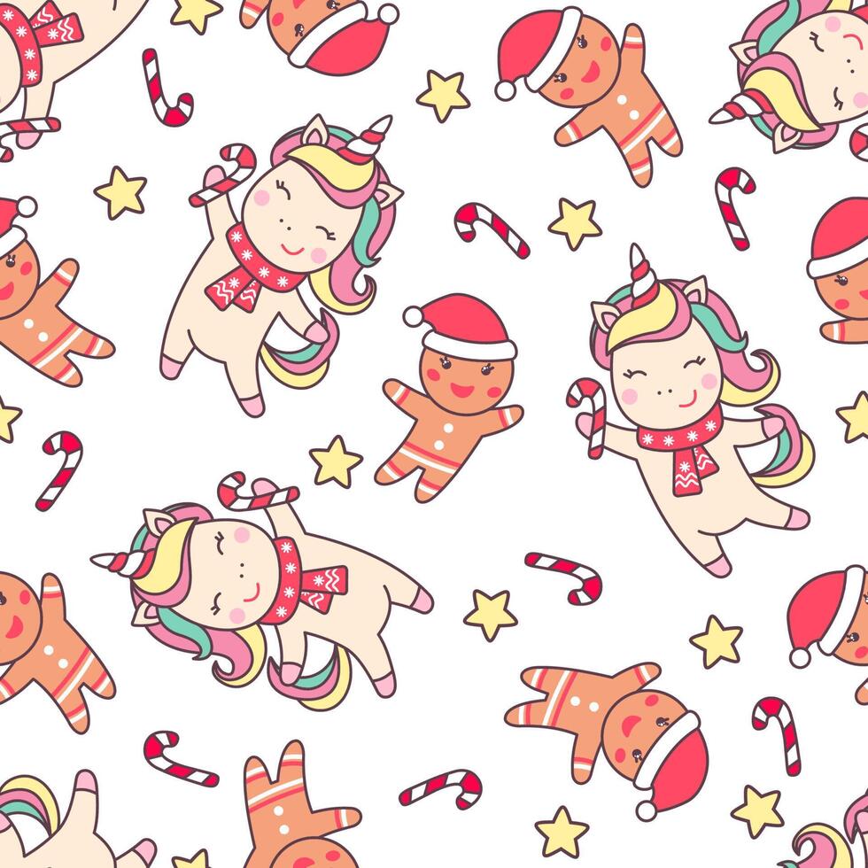 Kerstmis naadloos patroon met schattig eenhoorn, peperkoek Mens, snoep riet en sterren geïsoleerd Aan wit achtergrond. vector