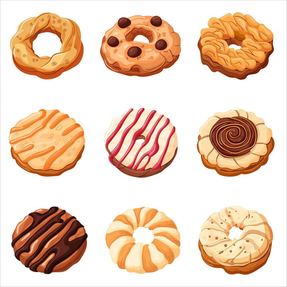een reeks van koekjes. chocola en vanille koekjes, banketbakkerij. vector illustratie Aan een wit achtergrond.