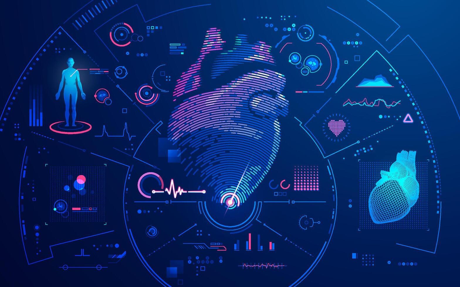 concept van cardiologie of hart scannen, grafisch van hart vorm met futuristische koppel vector