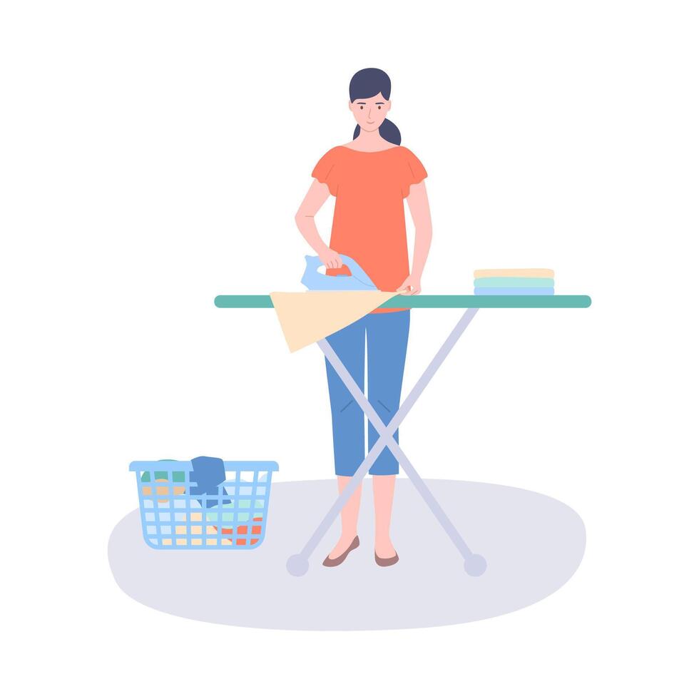 gelukkig vrouw strijkijzers kleren, vlak vector illustratie. huiswerk, huishoudster Diensten.