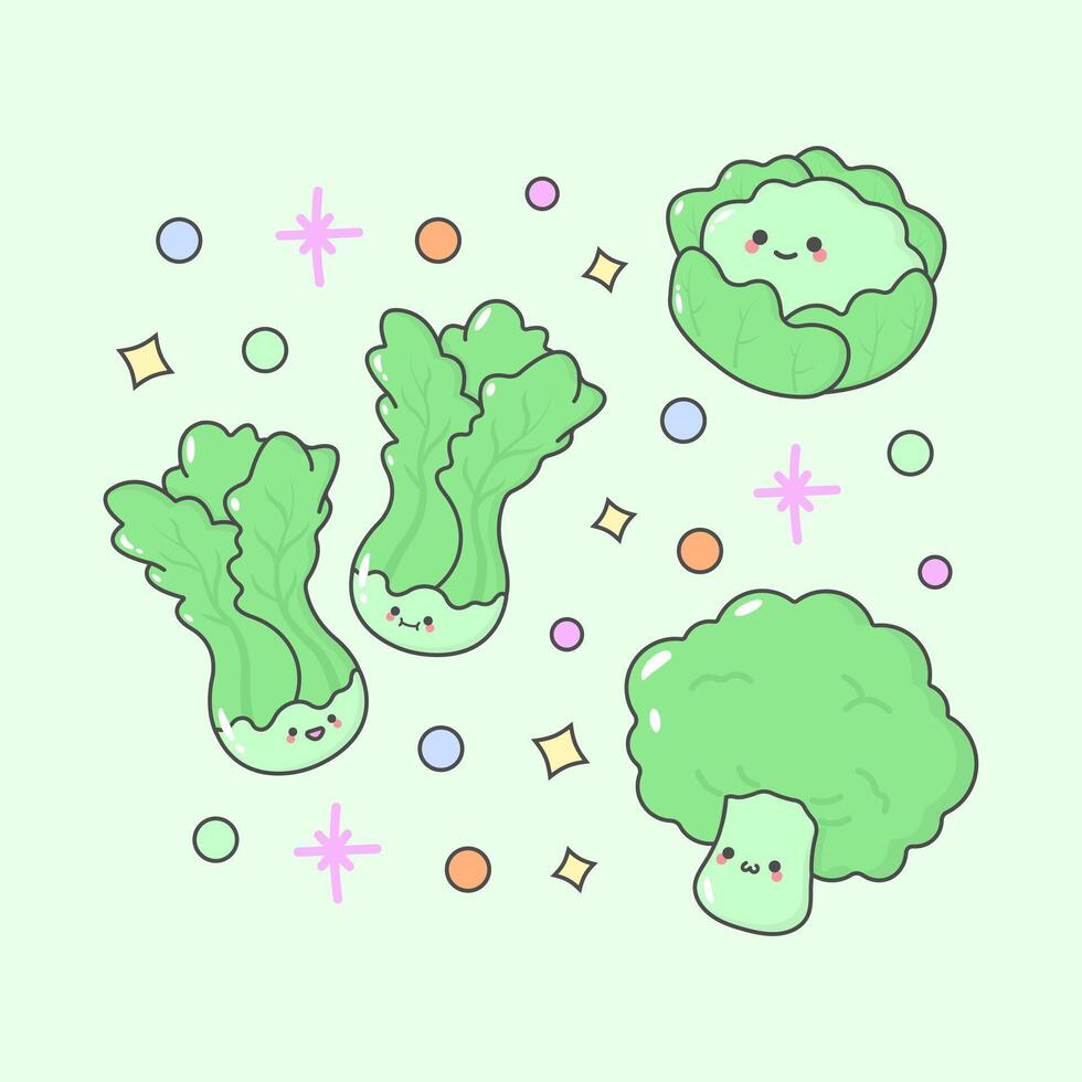 groente ijsberg sla broccoli met schattig gelaats uitdrukkingen en pastel kleur vector