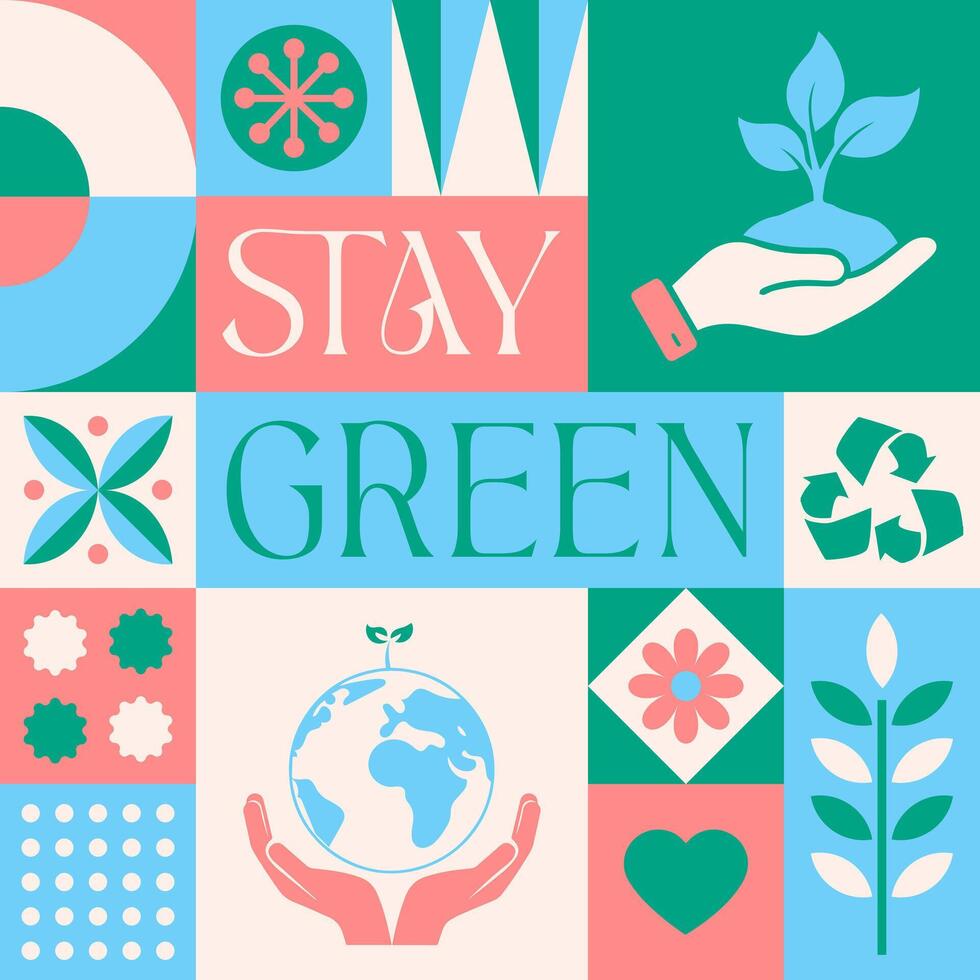gelukkig aarde dag blijven groen naadloos patroon in Scandinavisch stijl ansichtkaart met retro schoon concept ontwerp vector