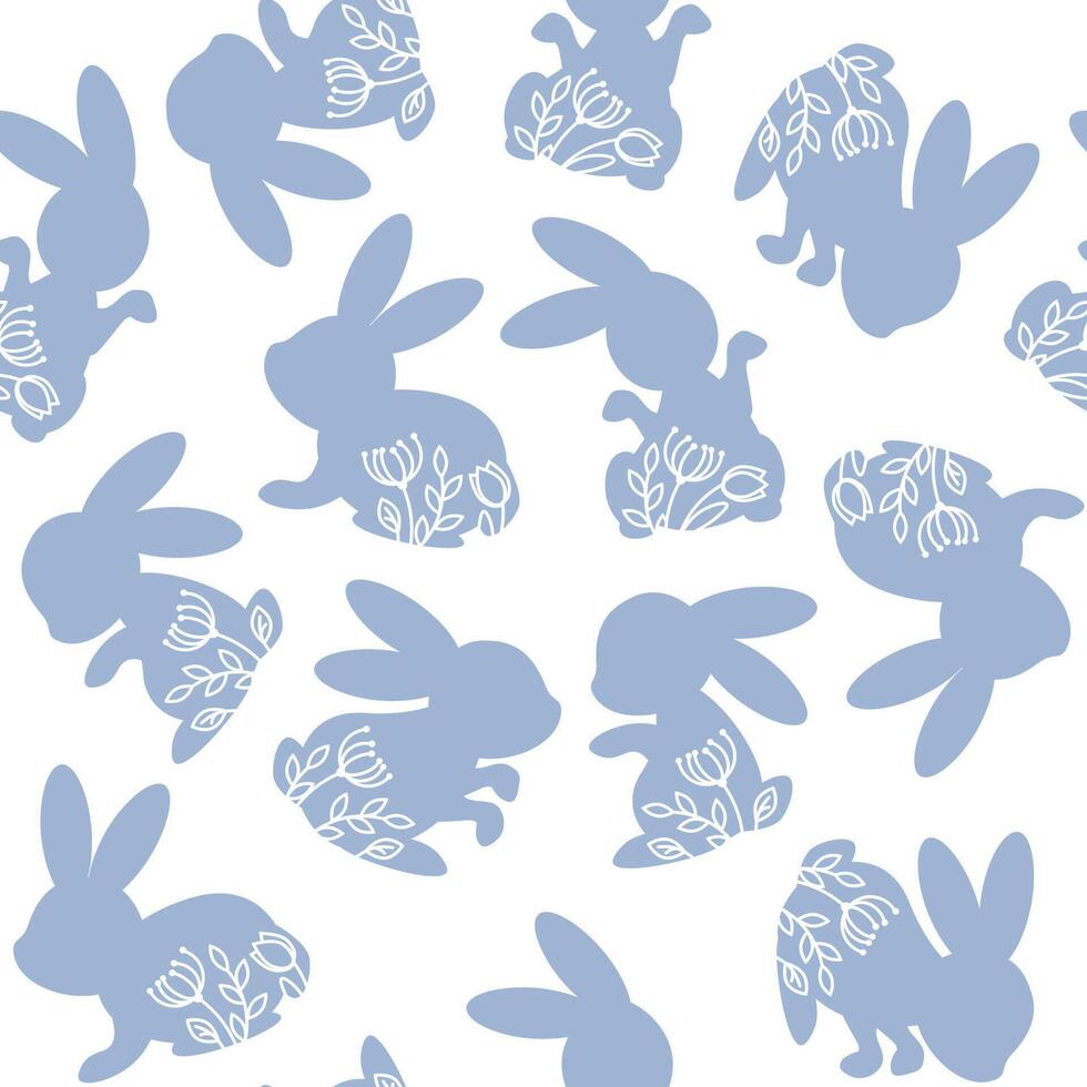 schattig blauw Pasen konijntjes met bloemen in een naadloos patroon vector