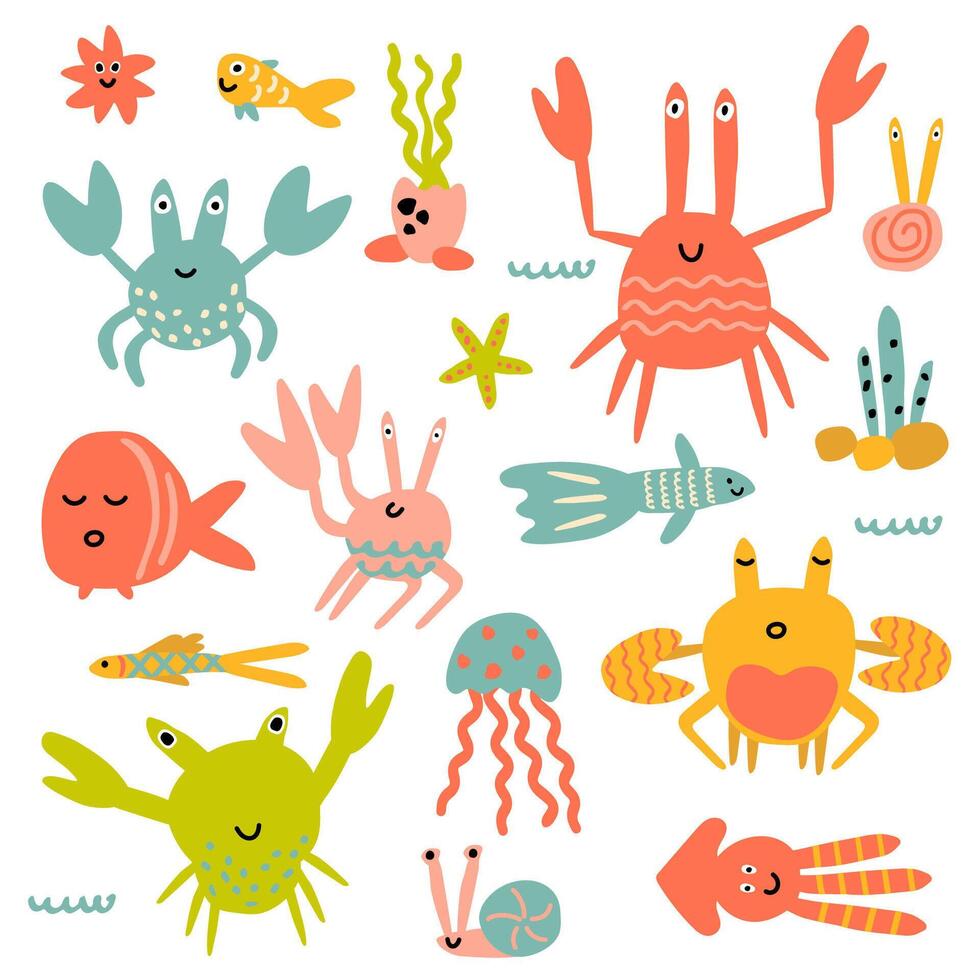 reeks van zee dieren. krabben, vis, inktvis, zeester, slakken, kwal in kinderen stijl vector