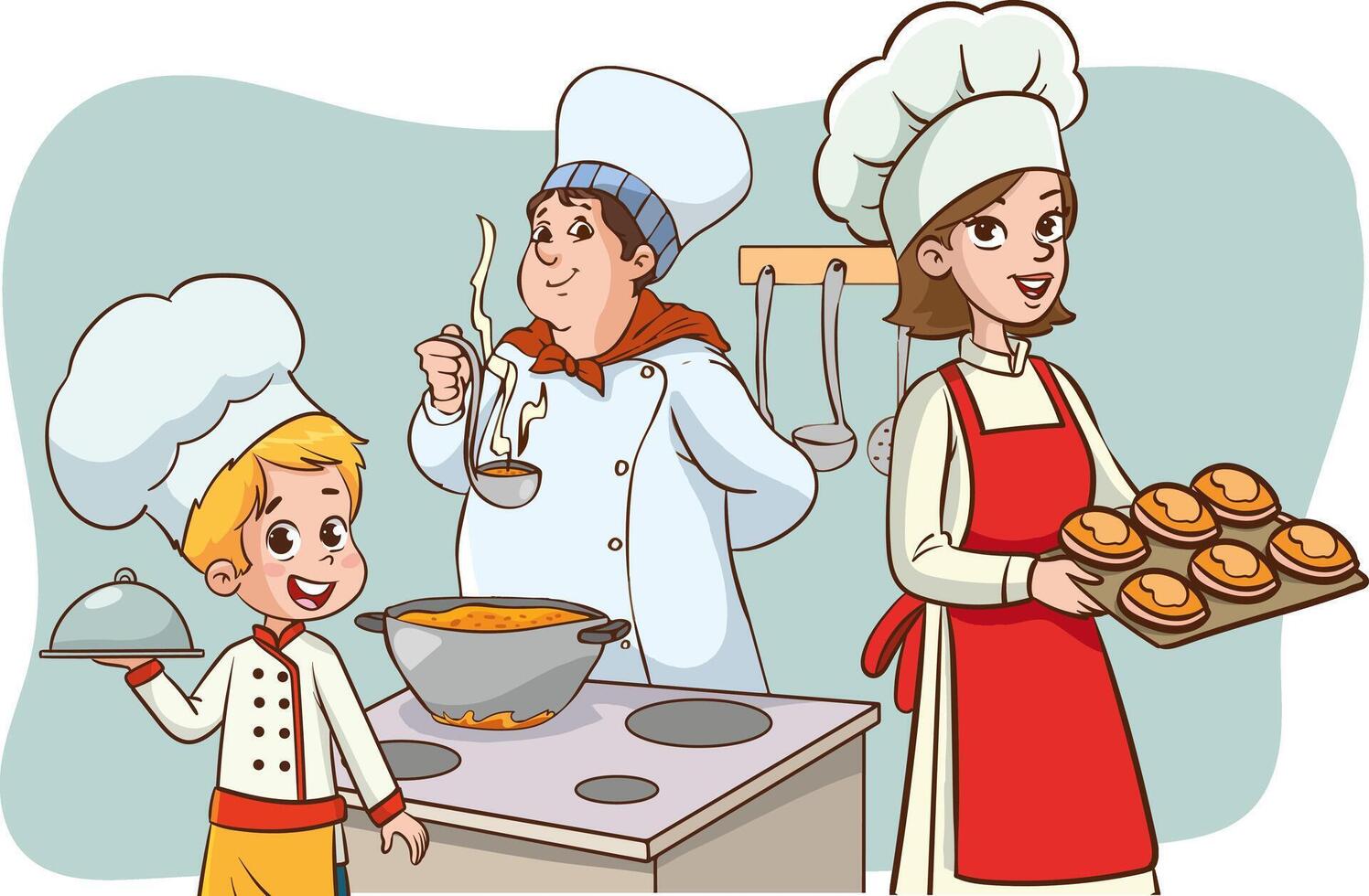 chef familie Koken in de keuken vector