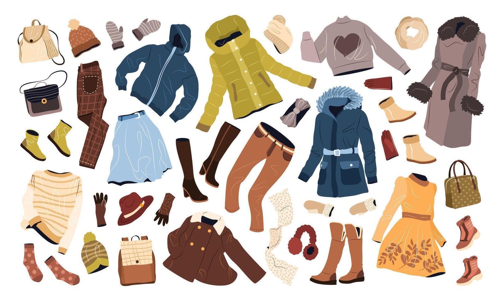 kleren reeks in gewoontjes stijl voor Dames. mode vrouw kleding, accessoires, kleding, kleding, Tassen, hoeden, schoenen voor vallen en winter. geïsoleerd vlak vector illustraties Aan wit achtergrond. klem kunst.