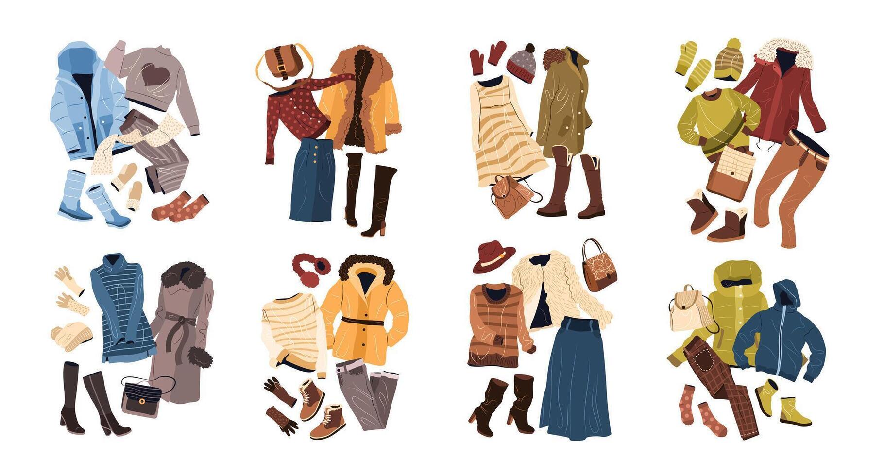 outfits reeks in gewoontjes stijl voor Dames. mode vrouw kleding, accessoires, kleding, kleding, Tassen, hoeden, schoenen voor vallen en winter. geïsoleerd vlak vector illustraties Aan wit achtergrond. klem kunst.