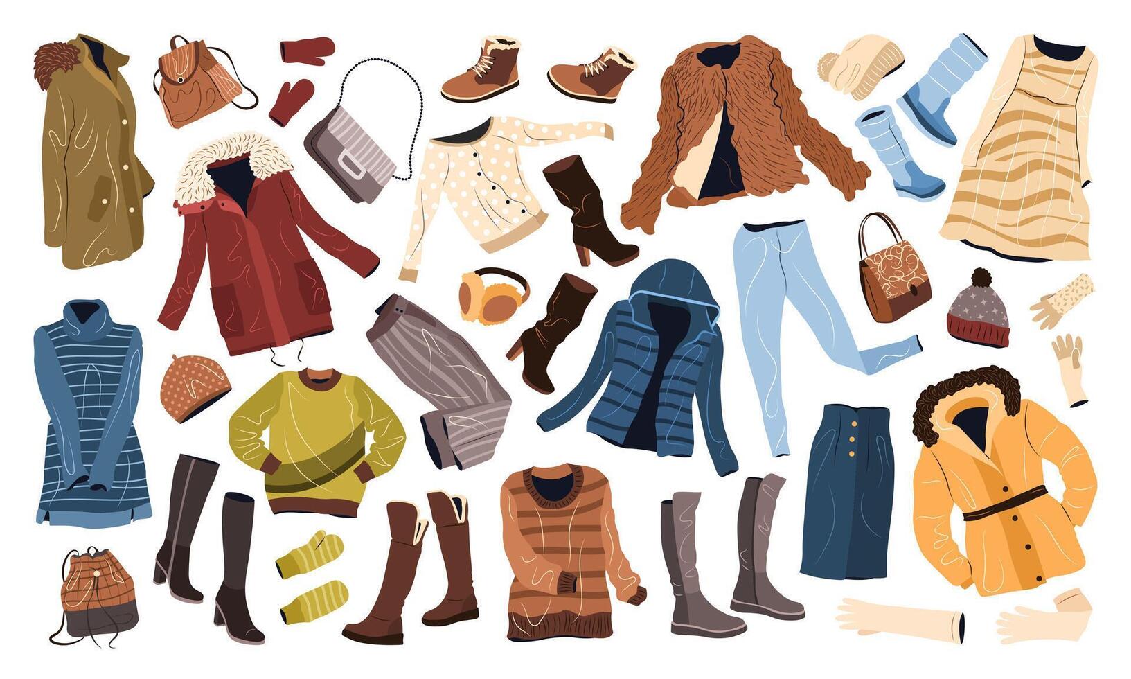 kleren reeks in gewoontjes stijl voor Dames. mode vrouw kleding, accessoires, kleding, kleding, Tassen, hoeden, schoenen voor vallen en winter. geïsoleerd vlak vector illustraties Aan wit achtergrond. klem kunst.