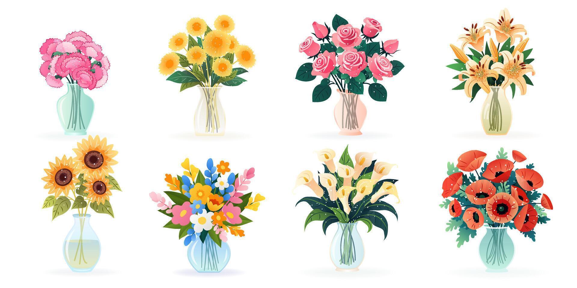 reeks van boeketten in vazen met voorjaar en zomer divers bloemen, geïsoleerd vector illustraties Aan wit voor verjaardag uitnodigingen, vrouwen dag, moeder dag, bruiloft kaarten. bloemen ontwerp, clip art.