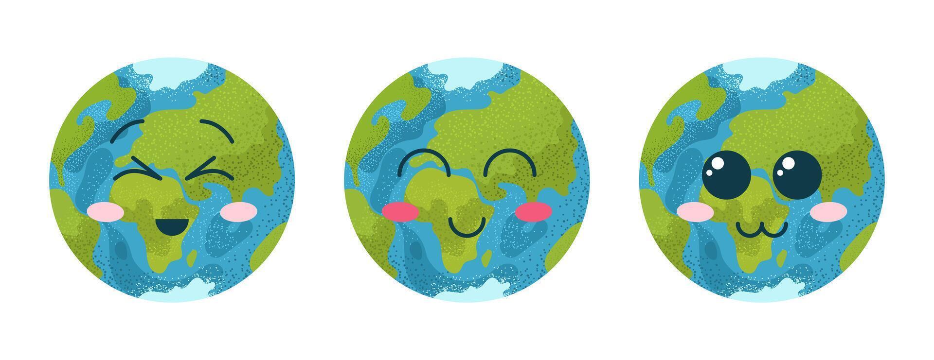 gelukkig aarde dag. reeks van vlak emoji planeet aarde. bundel met mascotte aarde pictogrammen met gezichten. geïsoleerd vector illustraties Aan wit achtergrond. tekenfilm vector klem kunst met kawaii planeet.