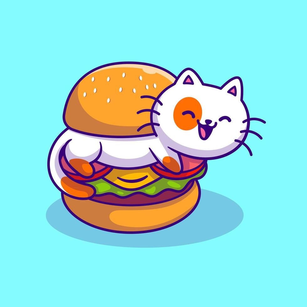 schattige kat hamburger cartoon pictogram vectorillustratie. dierlijk voedsel pictogram concept geïsoleerde premium vector. platte cartoonstijl vector