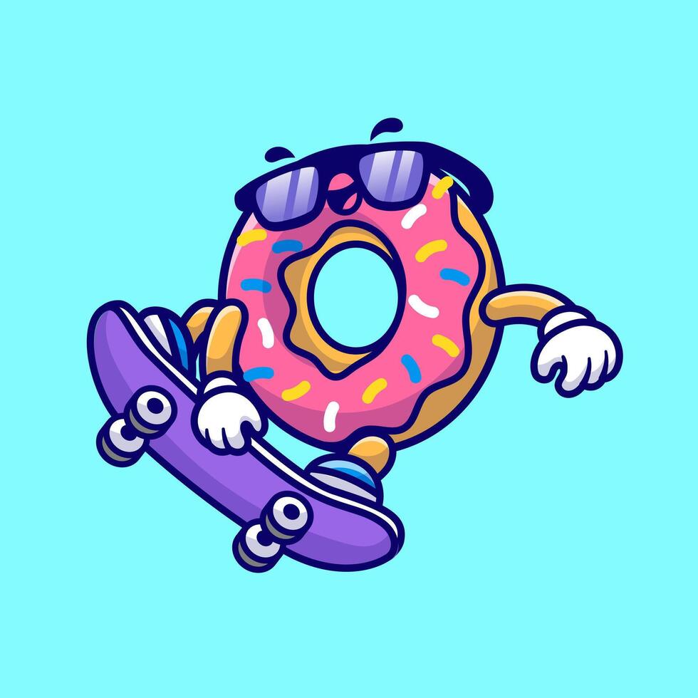 schattig donut spelen skateboard tekenfilm vector icoon illustratie. voedsel sport icoon concept geïsoleerd premie vector. vlak tekenfilm stijl