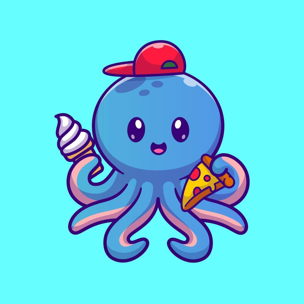 schattig kind Octopus Holding pizza en ijs room ijshoorntje tekenfilm vector icoon illustratie. dier voedsel icoon concept geïsoleerd premie vector. vlak tekenfilm stijl