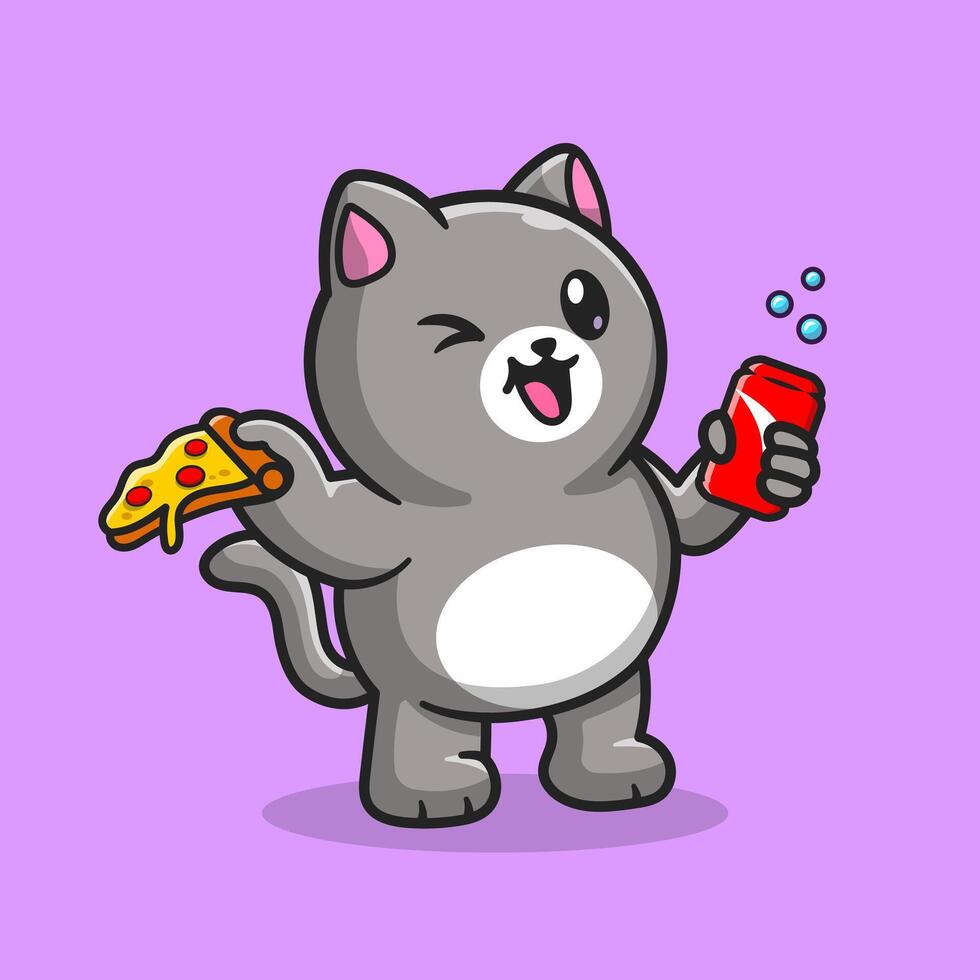 schattig dik kat Holding pizza en Frisdrank tekenfilm vector icoon illustratie. dier voedsel icoon concept geïsoleerd premie vector. vlak tekenfilm stijl