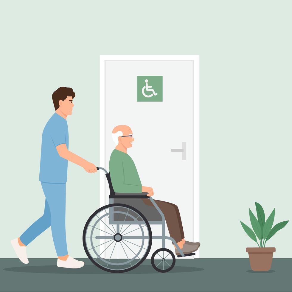 een verpleegster in een verpleging huis helpt ouderen patiënt.ouderen zorg concept. helpen voor senioren met handicaps. vector illustratie