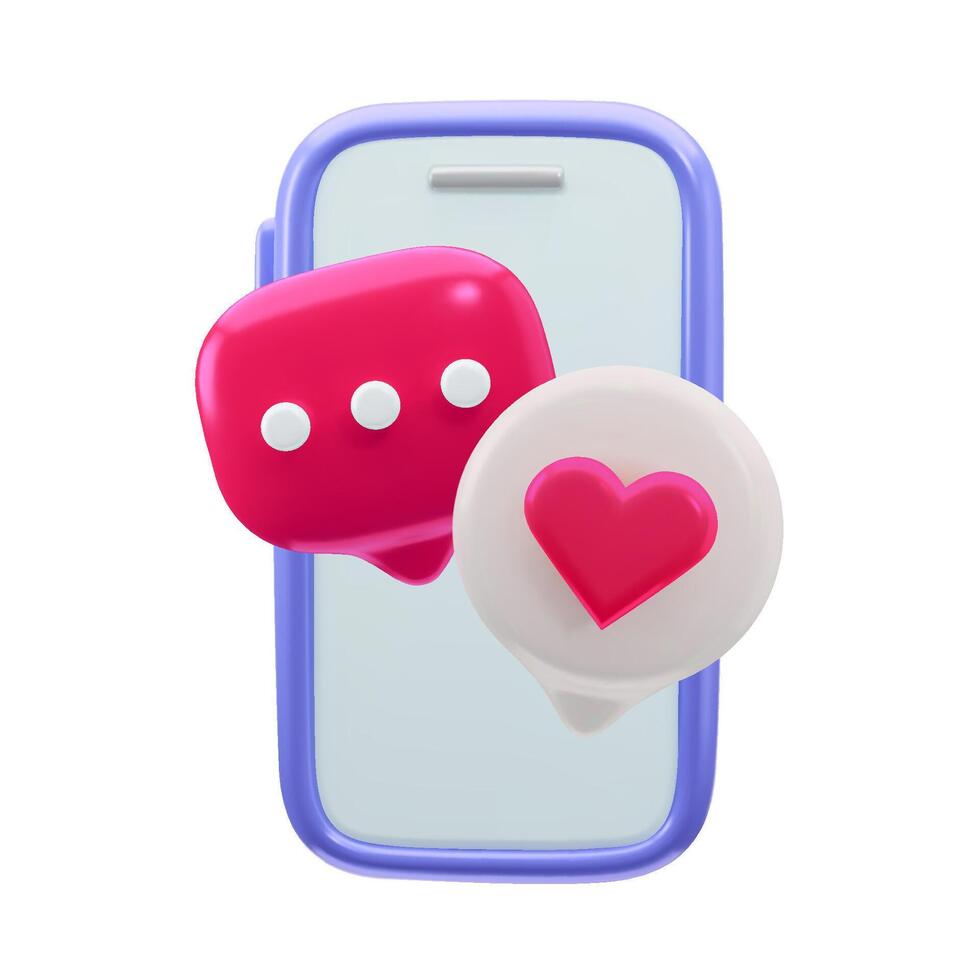 glanzend plastic 3d sociaal communicatie, liefde babbelen Aan telefoon. smartphone met spreken bubbels met hart. sociaal media concept, Valentijn liefde. app ontwerp, 3d geven vector illustratie